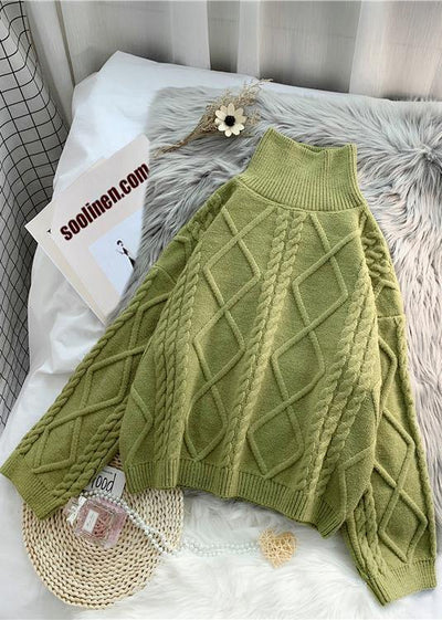 Vintage green knit sweat tops Loose fitting high neck thick knitted pullover - SooLinen