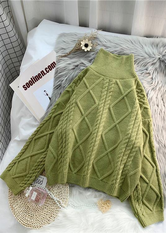 Vintage green knit sweat tops Loose fitting high neck thick knitted pullover - SooLinen