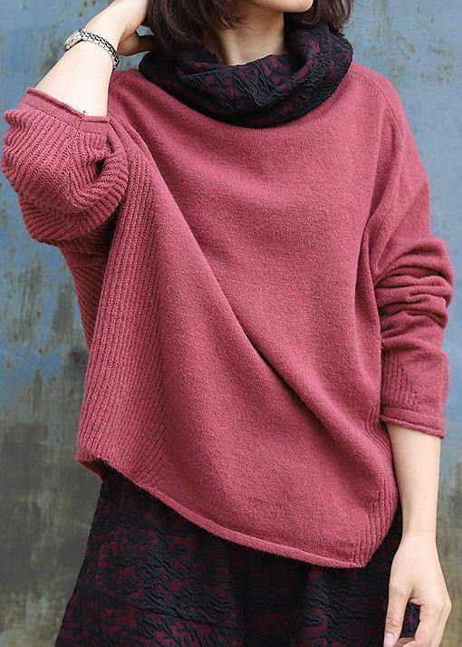 Vintage high neck red sweaters plus size long sleeve clothes For Women - SooLinen