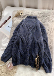 Vintage high neck thick Sweater dress Classy dark blue sweater dresses - SooLinen