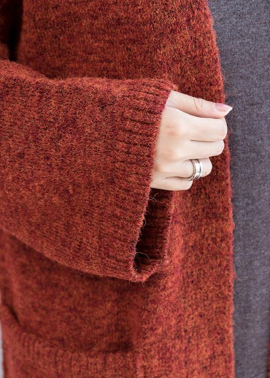 Vintage knitted coat oversized red Batwing Sleeve pockets coats - SooLinen