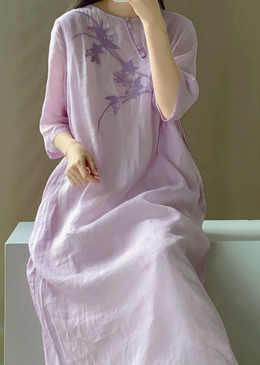 Vintage light Purple O Neck Embroidered Patchwork Cotton Dress Summer