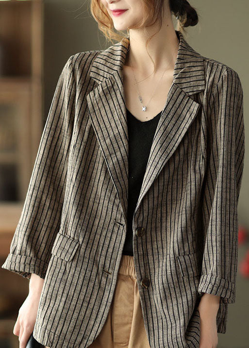 Vintage light button pockets V Neck Striped Coats Long Sleeve