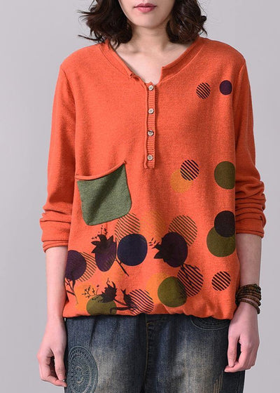 Vintage long sleeve v neck knit blouse trendy plus size fall prints sweaters orange - SooLinen