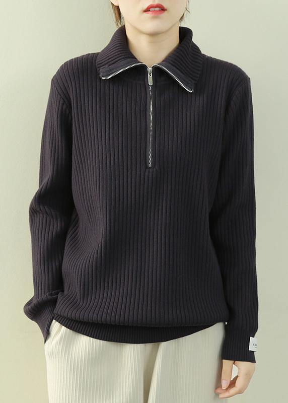 Vintage navy knitted clothes lapel zippered Loose fitting knit tops - SooLinen