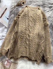 Vintage o neck brown knitwear plussize thick knitted pullover - SooLinen
