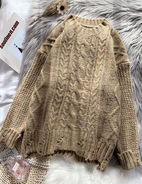 Vintage o neck brown knitwear plussize thick knitted pullover - SooLinen