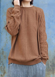 Vintage o neck cable khaki knit sweat tops plus size side open Sweater Blouse - SooLinen