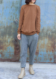 Vintage o neck cable khaki knit sweat tops plus size side open Sweater Blouse - SooLinen