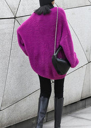 Vintage purple knitted t shirt o neck baggy casual knit tops - SooLinen