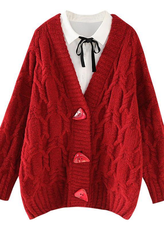 Vintage red knitted outwear casual spring v neck Button knit outwear - SooLinen