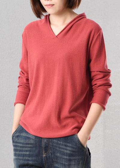 Vintage red v neck knitted outwear plus size loog sleeve knit outwear fall - SooLinen