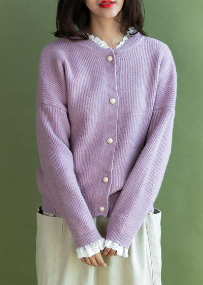 Vintage ruffles collar knitwear plus size pink long sleeve knitted cardigans - SooLinen