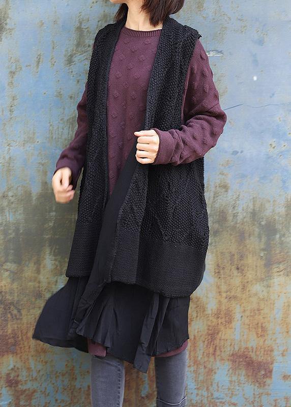 Vintage sleeveless knit outwear oversize black hollow out knit cardigans - SooLinen