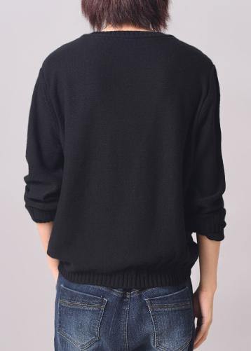 Vintage  solid color sweater plus size black patchwork sweaters o neck - SooLinen