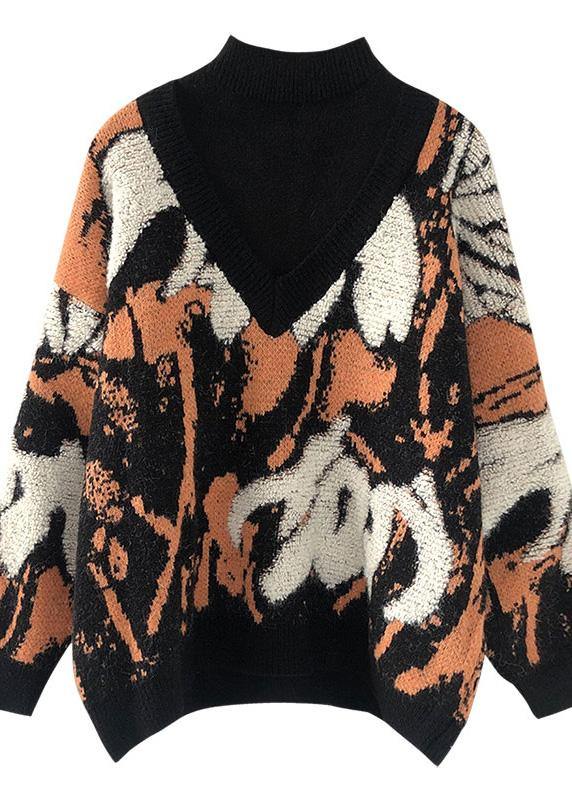Vintage spring prints sweaters plus size half high neck knit blouse - SooLinen