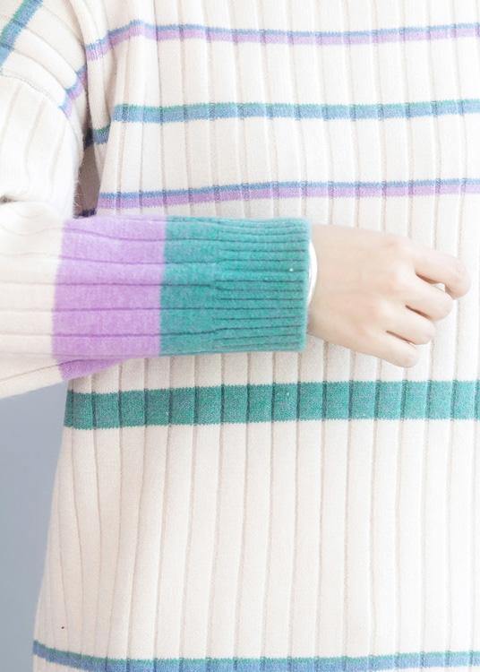 Vintage winter beige sweaters Loose fitting patchwork color knitted top - SooLinen