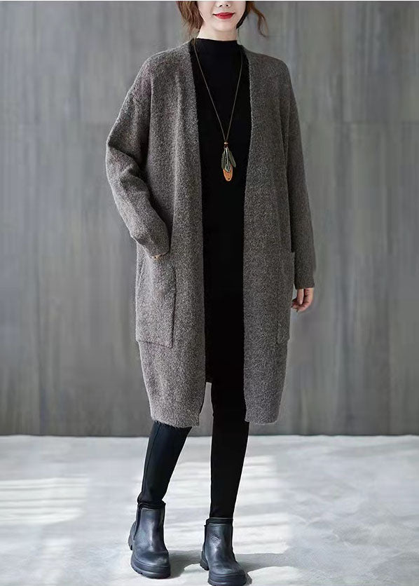 Vintage Khaki Plus Size Kleidung Herbst V-Ausschnitt Knit Outwear