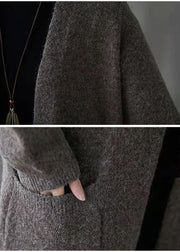 Vintage Khaki Plus Size Clothing Fall V-Neck Knit Outwear