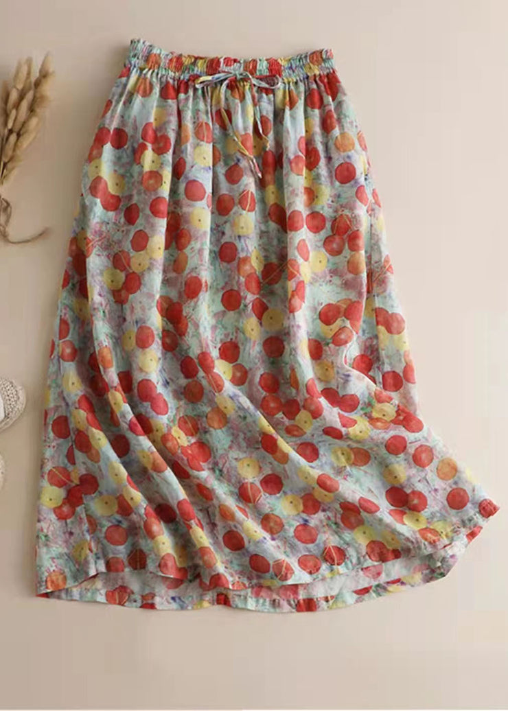Vintage Red drawstring elastic waist print Chiffon Skirt Spring