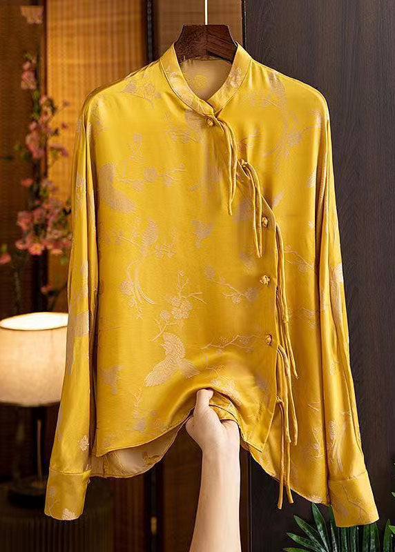 Vintage gelber V-Ausschnitt, asymmetrisches Design, faltige Bluse mit Laternenärmeln