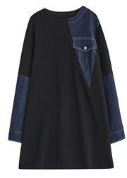 Vintage black patchwork denim blue Sweater dresses Quotes pockets baggy sweater dresses