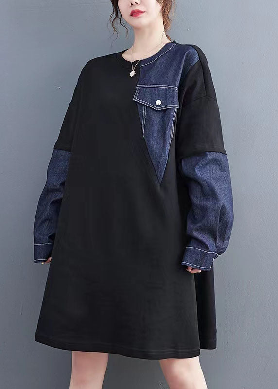 Vintage black patchwork denim blue Sweater dresses Quotes pockets baggy sweater dresses