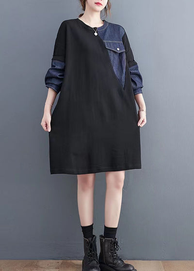 vintage black patchwork denim blue sweater dresses quotes pockets baggy ...