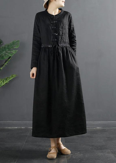 Vivid Black Clothes For Women Drawstring Kaftan Dress - SooLinen