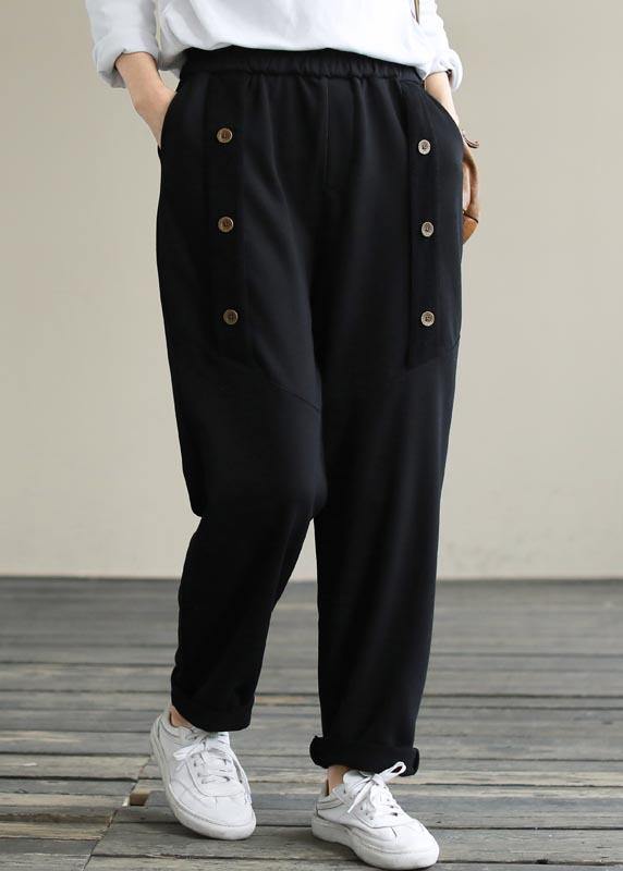 Vivid Black Jeans Trendy Plus Size Spring Elastic Waist Patchwork Work Pant - SooLinen