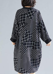 Vivid Black Plaid Quilting Dresses O Neck Asymmetric Robe Spring Dress - SooLinen