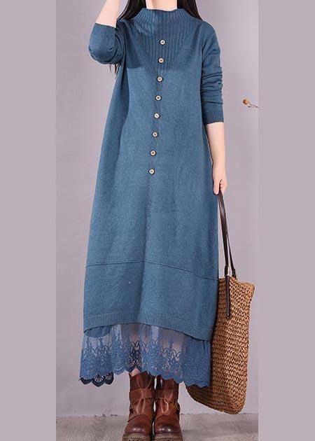 Vivid Blue Tunics O Neck Patchwork Lace Spring Dress - SooLinen