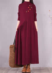 Vivid Burgundy Embroidery Tunic Pattern High Neck Cinched Spring Dress - SooLinen