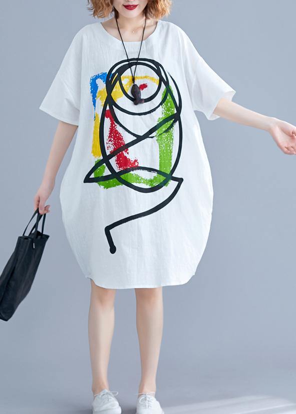 Vivid Cartoon print Cotton Tunics Tutorials white short sleeve Dress summer - SooLinen