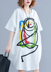 Vivid Cartoon print Cotton Tunics Tutorials white short sleeve Dress summer - SooLinen