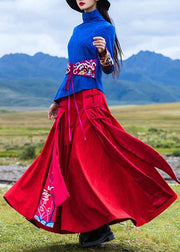 Vivid Chinese Button cotton embroidery outfit Outfits red cotton skirts - SooLinen