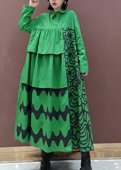 Vivid Lapel Asymmetric Spring Quilting Dresses Tunic Green Print Plus Size Dress - SooLinen