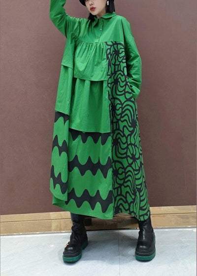 Vivid Lapel Asymmetric Spring Quilting Dresses Tunic Green Print Plus Size Dress - SooLinen