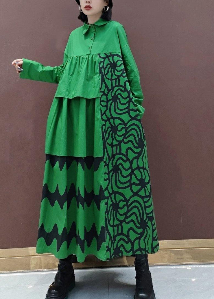 Vivid Lapel Asymmetric Spring Quilting Dresses Tunic Green Print Plus Size Dress - SooLinen