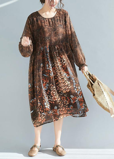Vivid O Neck Cinched Summer Tunic Catwalk Chocolate Print Plus Size Dresses - SooLinen