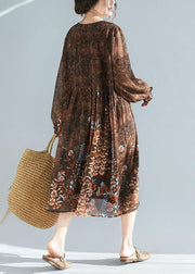 Vivid O Neck Cinched Summer Tunic Catwalk Chocolate Print Plus Size Dresses - SooLinen