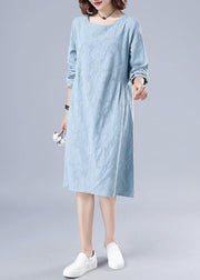Vivid O Neck Spring Clothes For Women Wardrobes Light Blue Jacquard Dresses - SooLinen