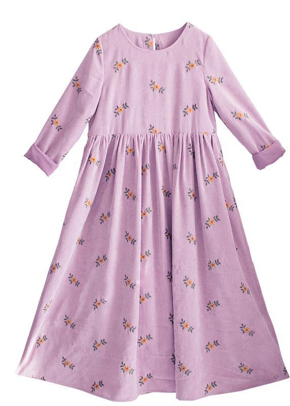 Vivid Pink Embroidery Dress O-Neck long Spring Dresses - SooLinen