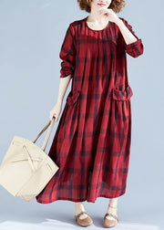 Vivid Red Plaid Tunics For Women O Neck Pockets Art Spring Dress - SooLinen