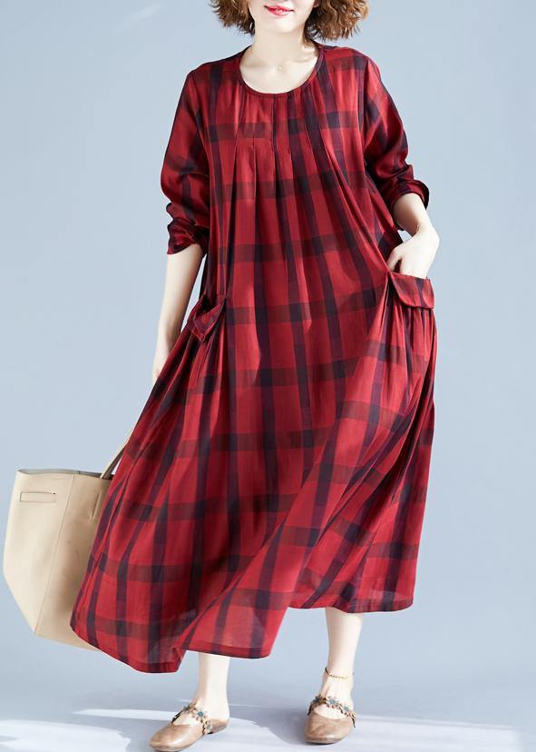 Vivid Red Plaid Tunics For Women O Neck Pockets Art Spring Dress - SooLinen