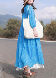 Vivid Stand Collar Cinched Spring Dresses Neckline Blue Embroidery Loose Dresses - SooLinen