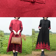Vivid Stand Collar Spring Tunics Work Black Embroidery Long Dresses - SooLinen