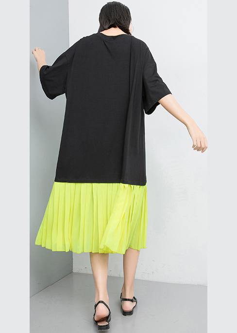 Vivid Stitches Fashion Women cotton dresses yellow Spliced Pullover Dress - SooLinen