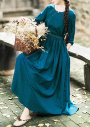 Vivid Tie Waist O Neck Spring Clothes Pattern Blue Dresses - SooLinen