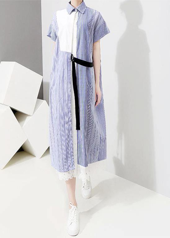 Vivid Tunics Fun Asymmetrical Patchwork Striped Short Sleeve Shirt Dress - SooLinen